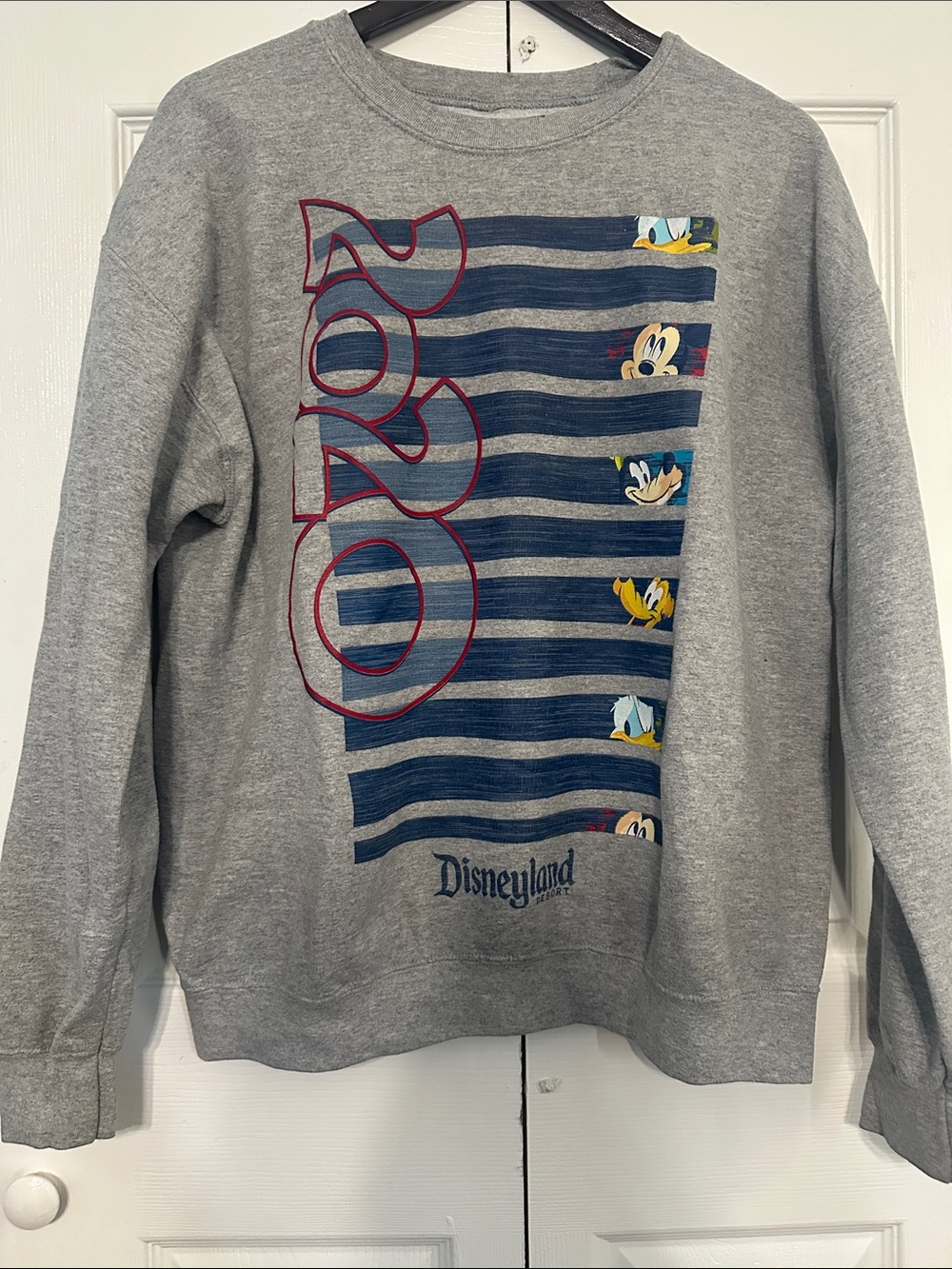 Disney Grey Crewneck Sweatshirt with Navy Stripes and Red '90s Graphic